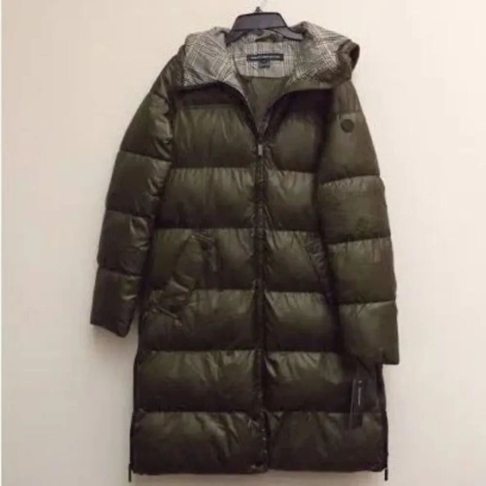 French Connection Womens M Hooded Long Puffer Jacket Dark Green Winter Parka NWT